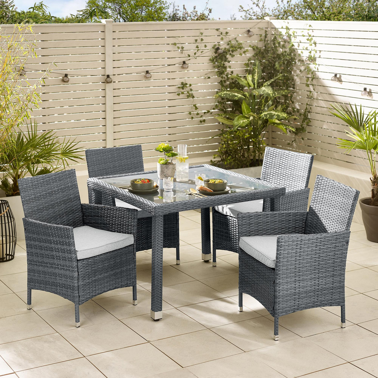 Modern Grey Rattan Dining Set with Glass Table