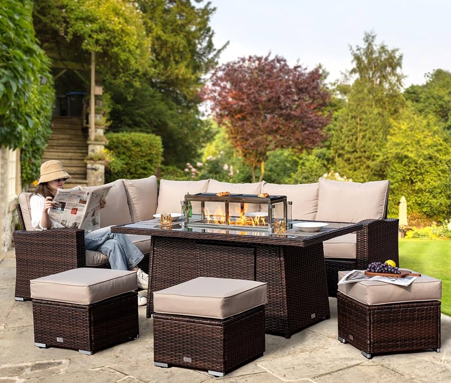 Rattan Lounge Set with Fire Pit Table