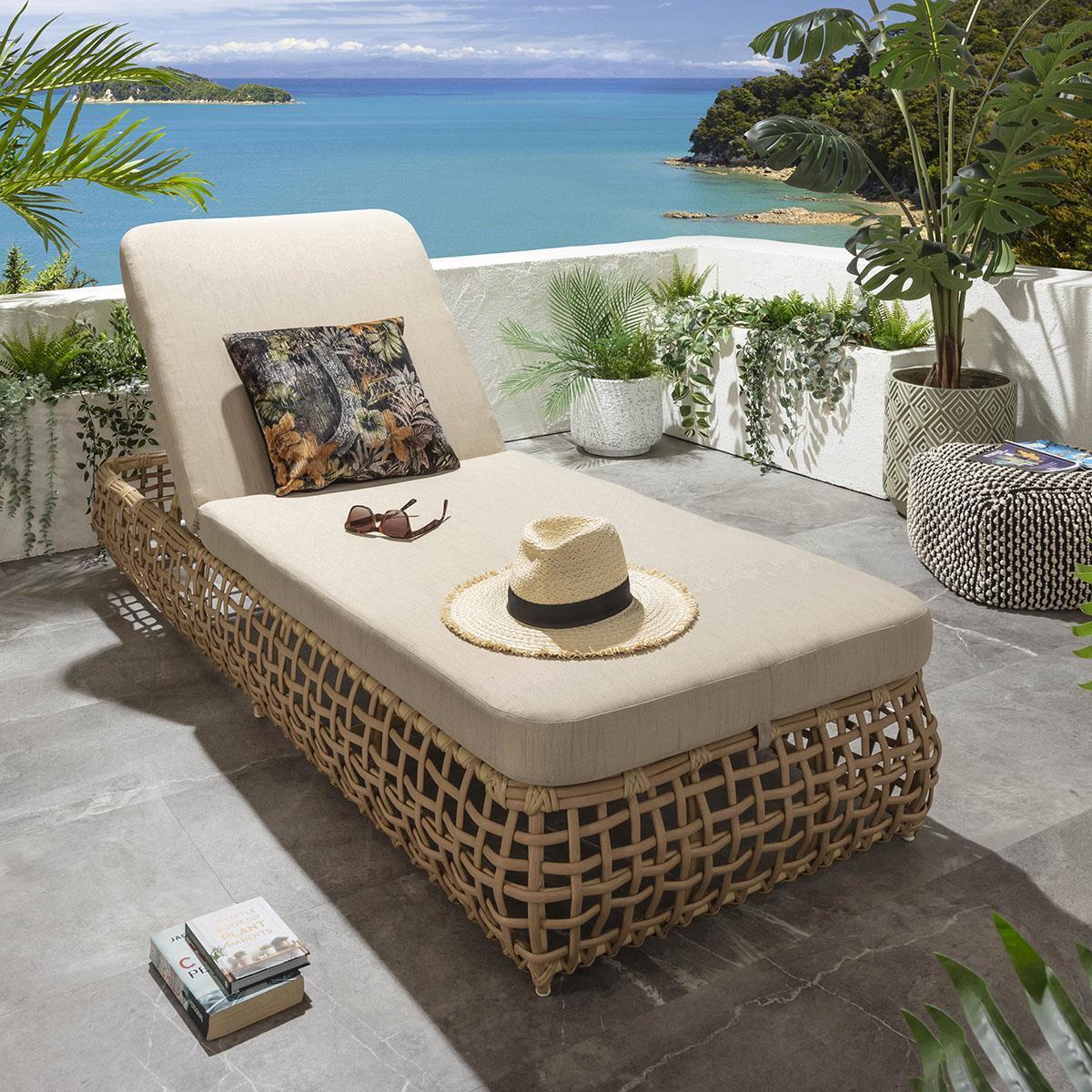 Beige Rattan Sun Lounger