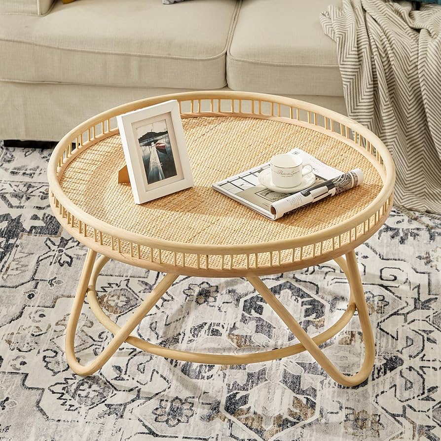 Round Rattan Coffee Table for Living Rooms