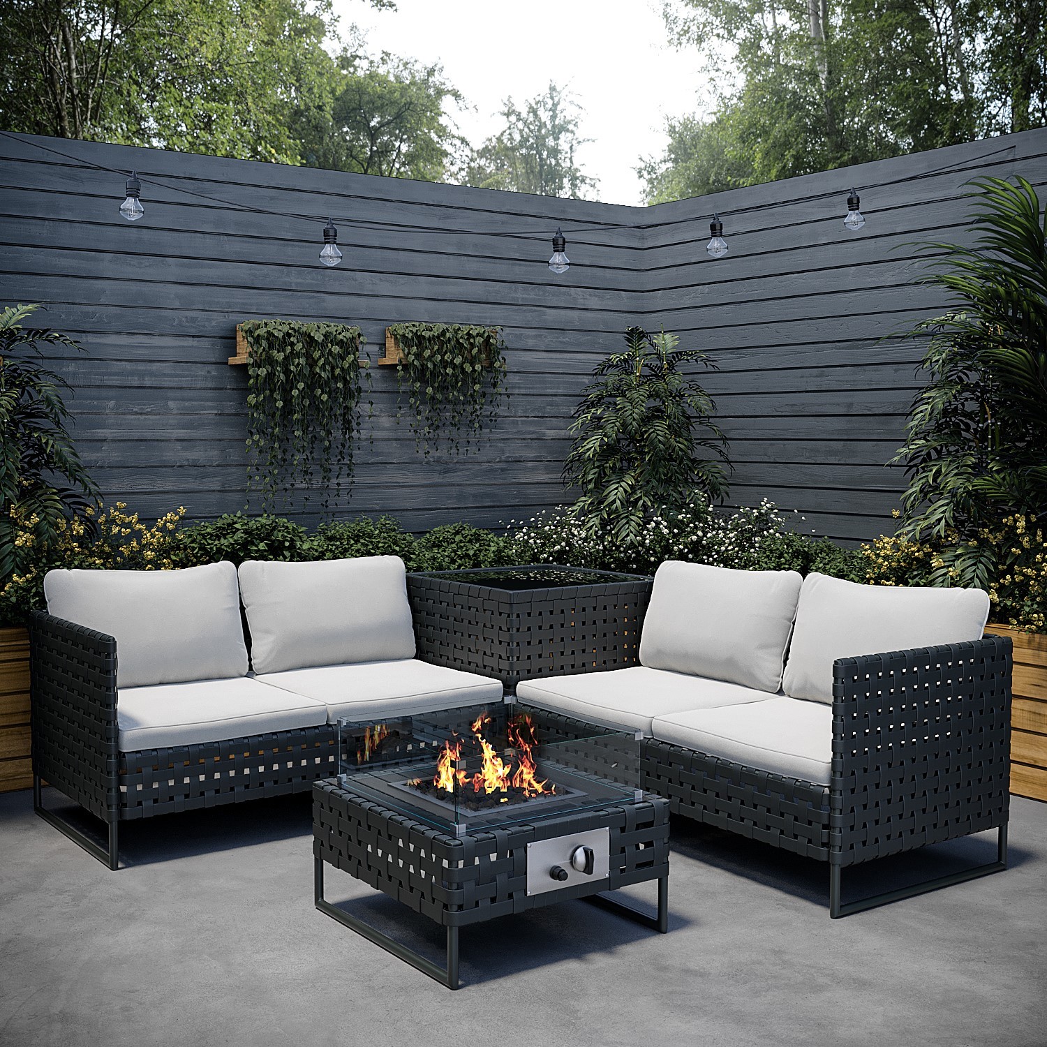 Black Rattan Corner Lounge with Fire Pit Table