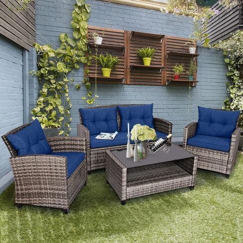 4 Piece Rattan Sofa Set with Coffee Table