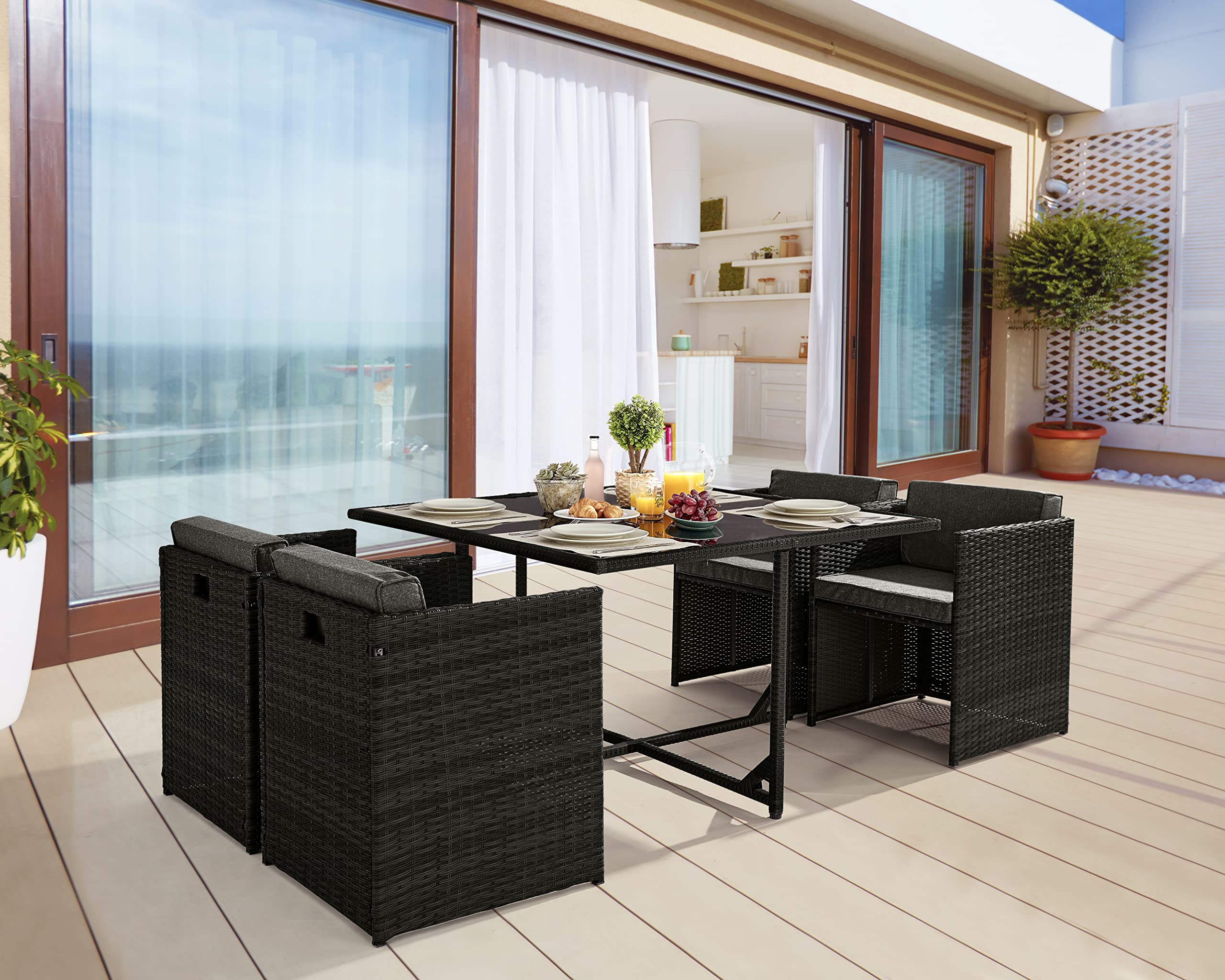 Black Polyrattan Cube Dining Set with Cushions