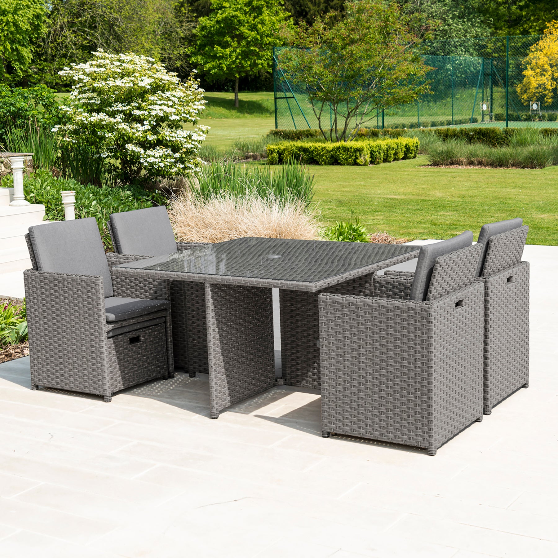 Grey Rattan Cube Set with Storage Stools