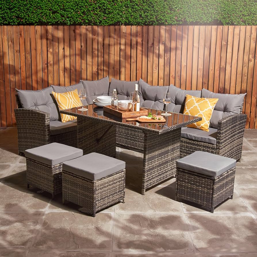 Corner Sofa Rattan Garden Set with Dining Table