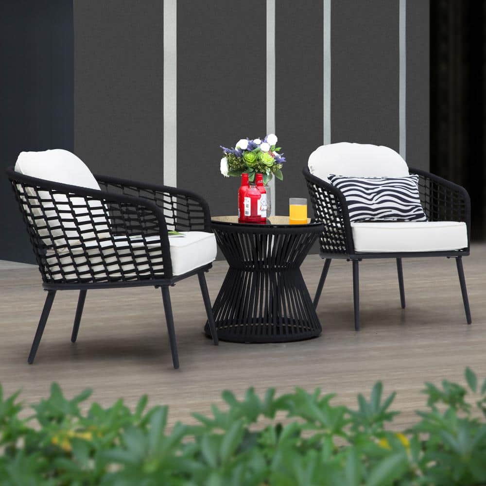 Black Rattan Bistro Set with Glass Top
