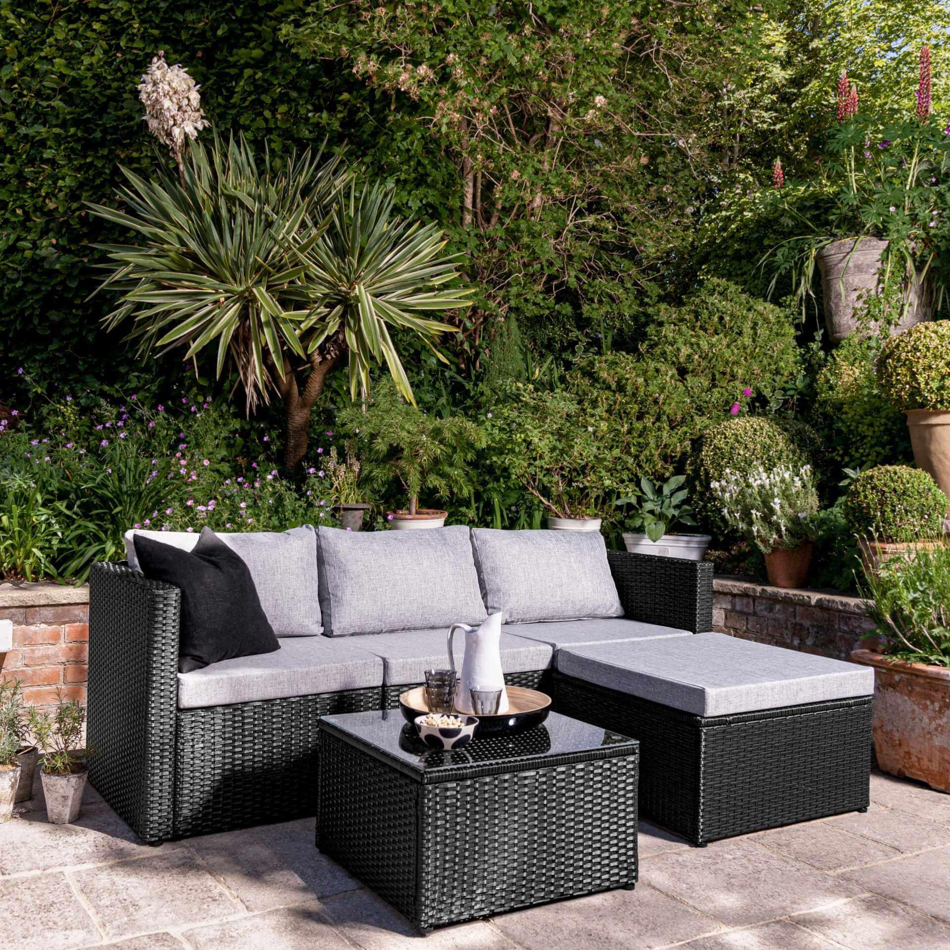 Black Rattan Corner Sofa with Dining Table