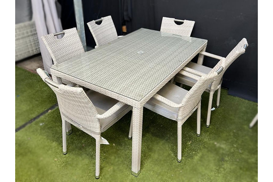 Rectangular Rattan Dining Table with Cushioned Chairs