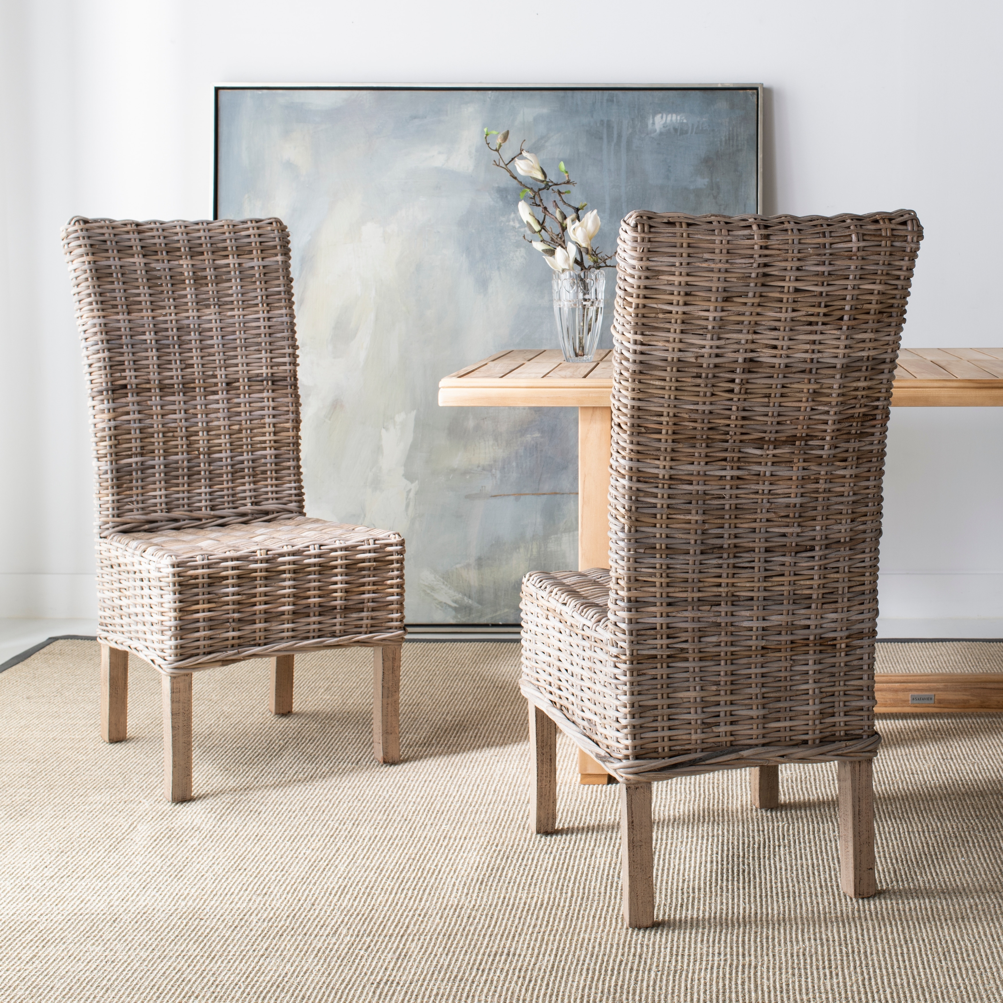 High Back Rattan Dining Chairs with Solid Wood Table