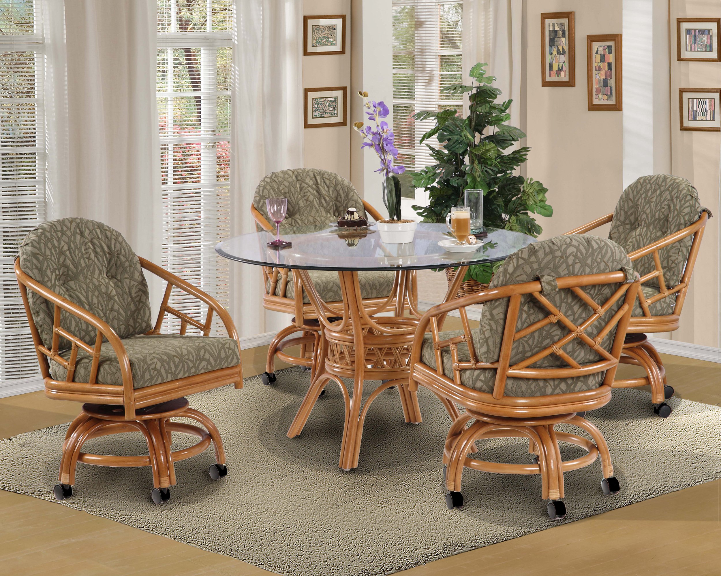 Round Rattan Dining Table with Swivel Chairs