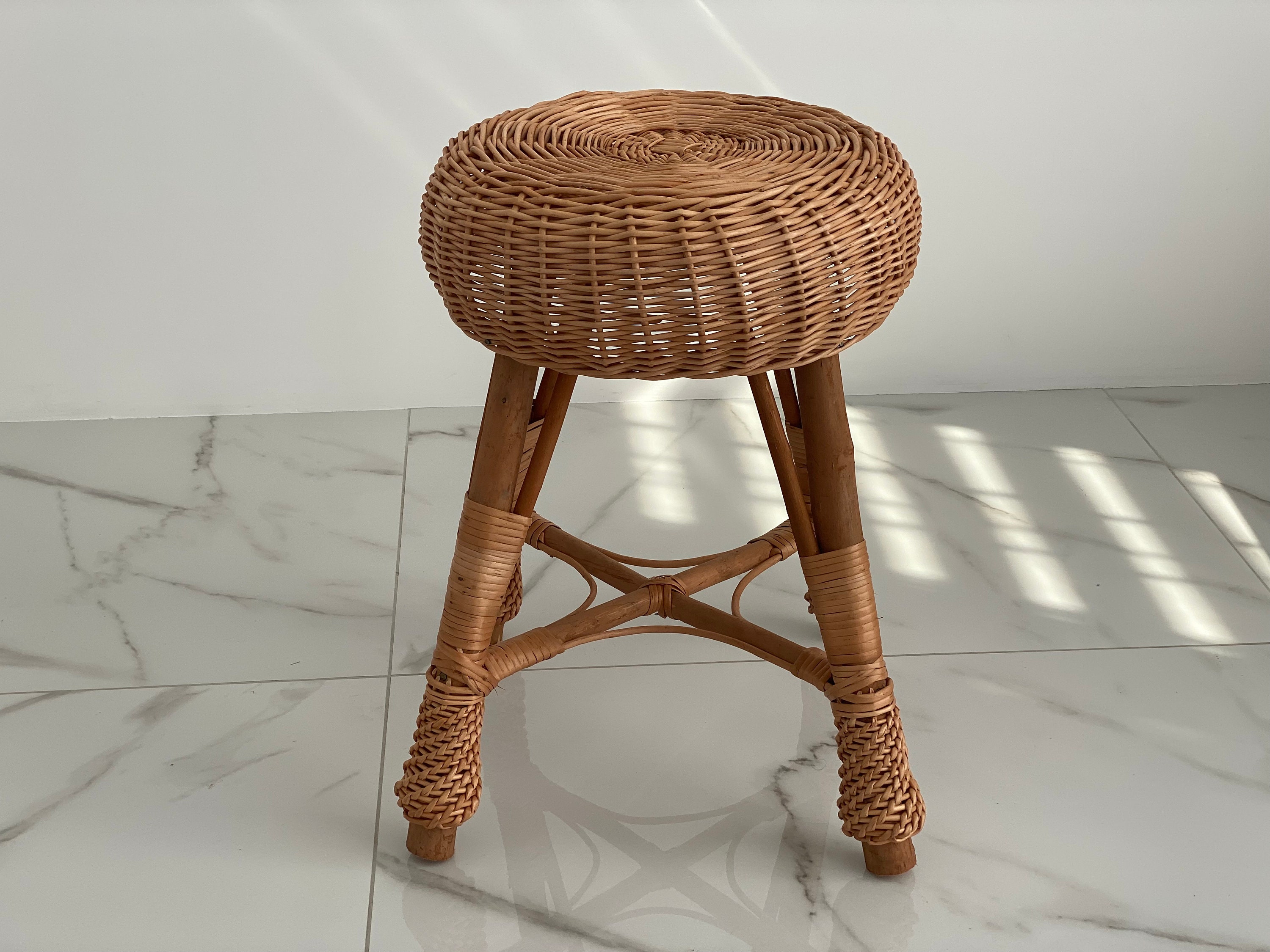 Rattan Accent Stool with Fur Top