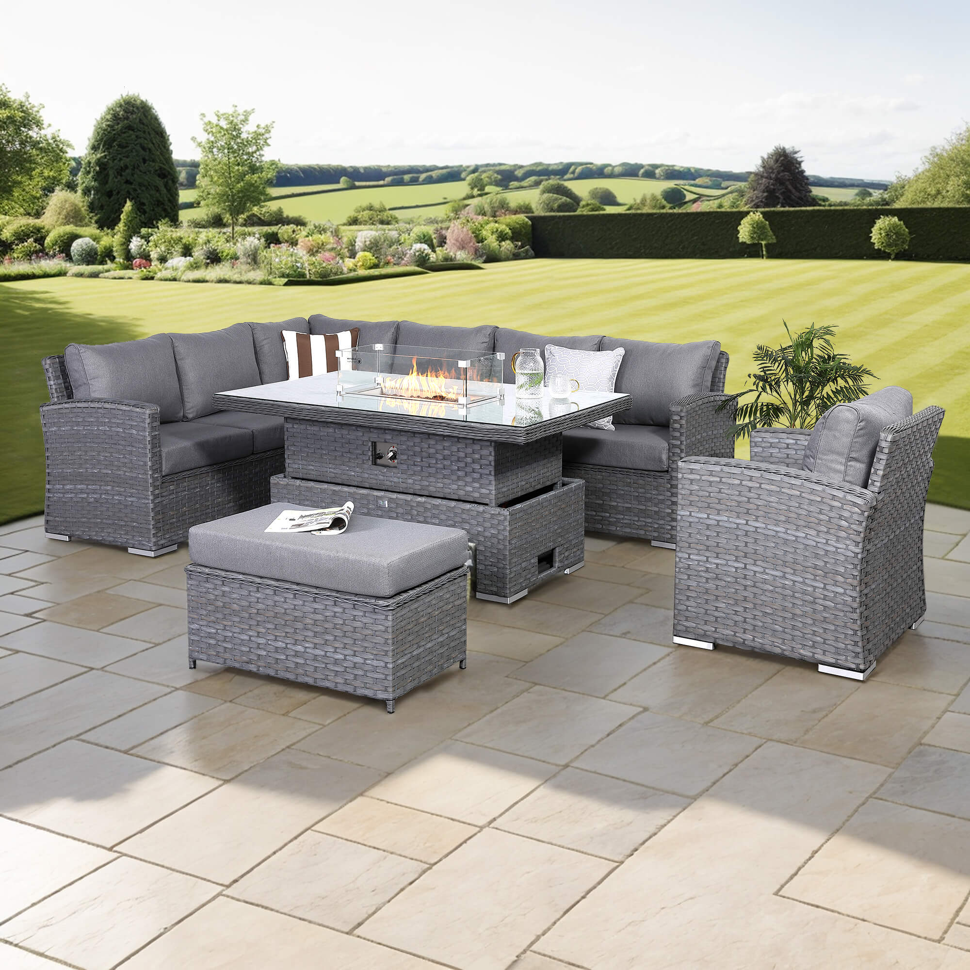Rattan Sofa Set with Fire Pit Table