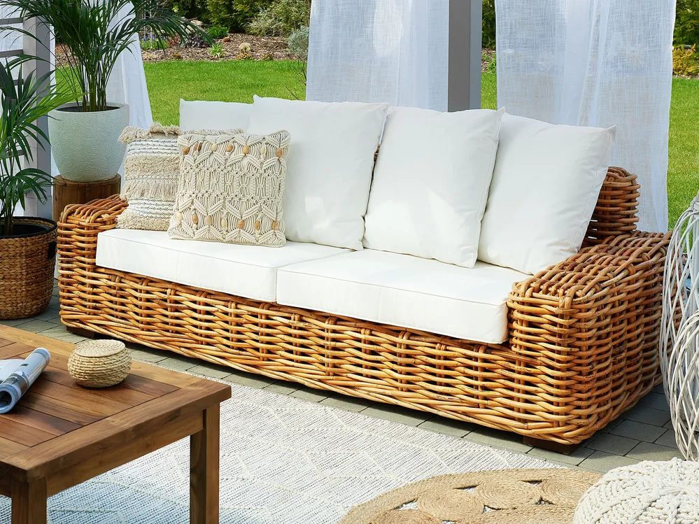 Natural Rattan Effect Sofa with Light Cushions