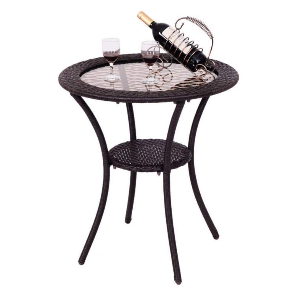 Round Wicker Garden Table with Tempered Glass Top